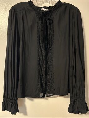 GAP Black Lace-Trim Velvet Tie-Neck Blouse